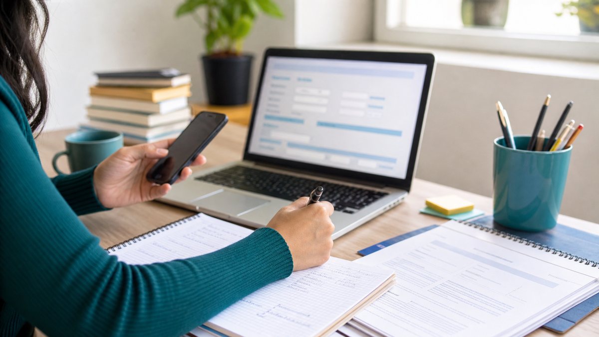 Persona preparando documentos y notas antes de llamar a una línea de atención educativa